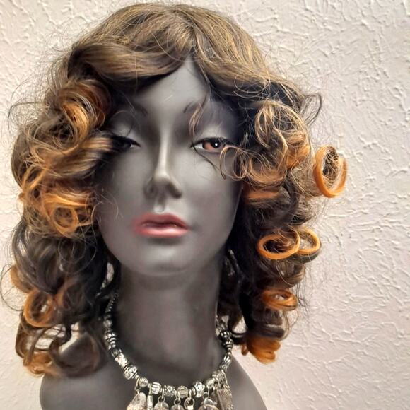 Curly Wig Bouncy Synthetic Women Ombre Blonde Brown Adjustable Combs - Picture 1 of 8